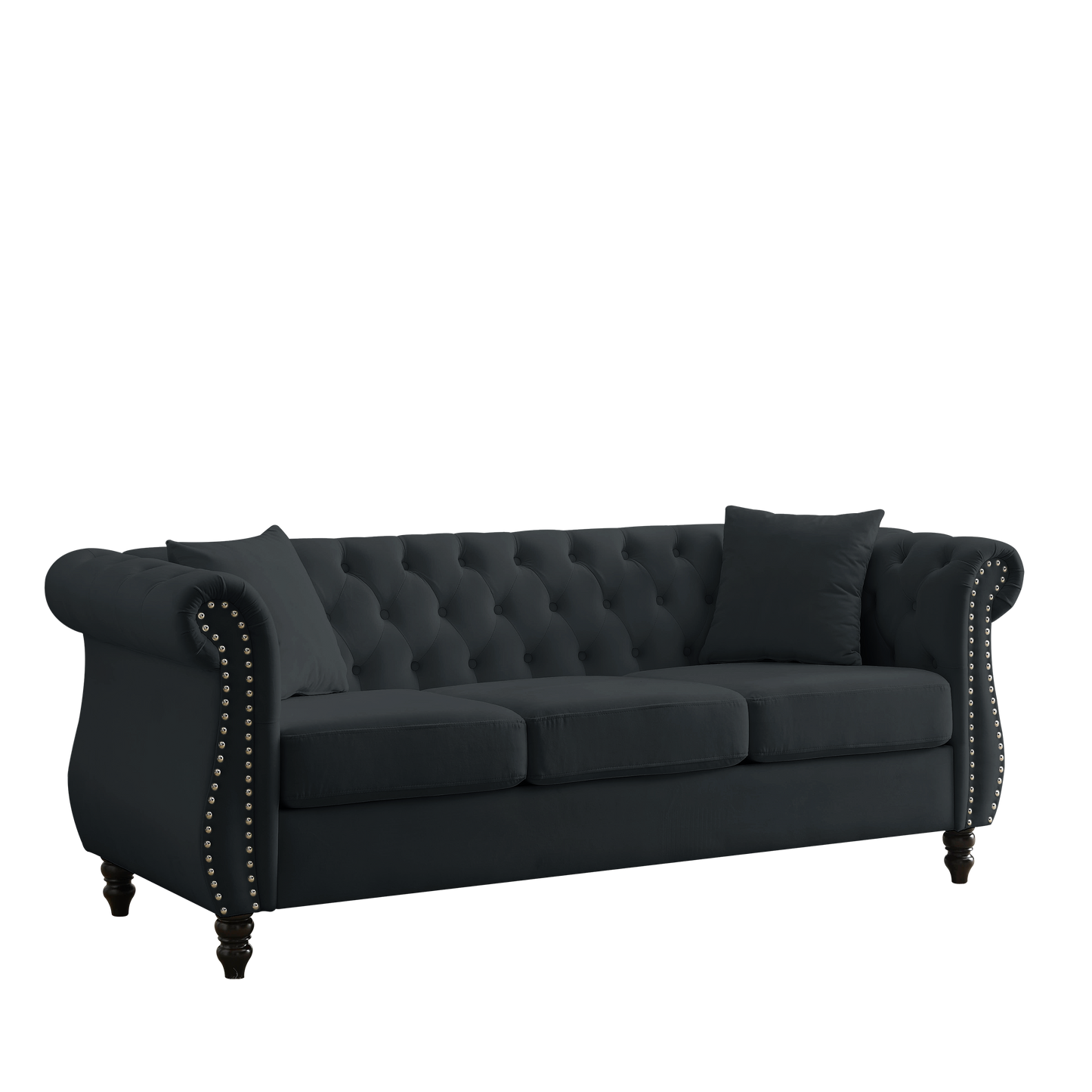 80" Chesterfield Sofa Black Velvet for Living Room, 3 Seater Sofa Tufted Couch with Rolled Arms and Nailhead for Living Room, Bedroom, Office, Apartment, 3S With 3S