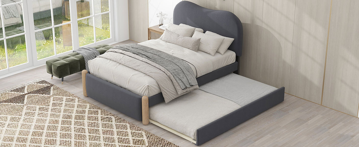 Twin Size Upholstered Platform Bed with Wood Supporting Feet and Twin Size Trundle, Gray