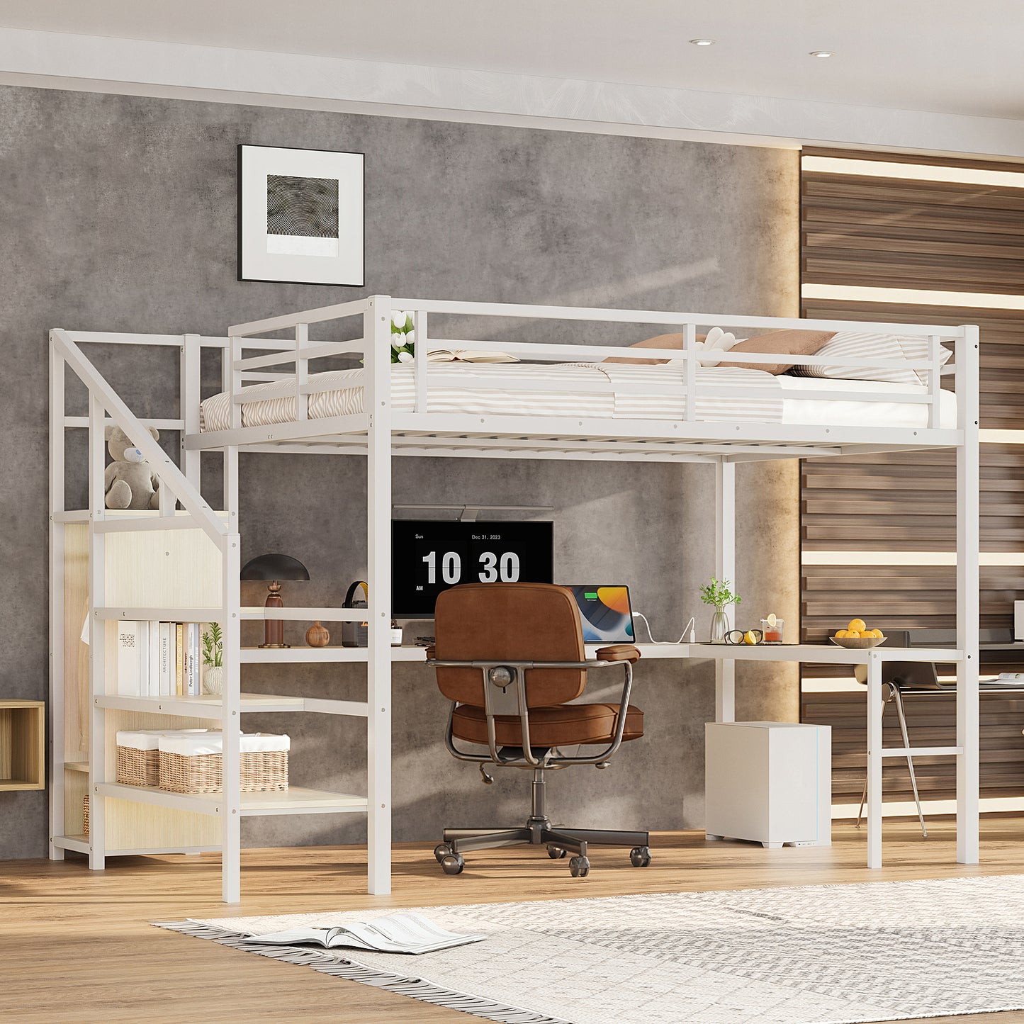 Queen Size Loft Bed with L-shaped Desk and USB, Metal Loft Bed with Wardrobe and Adjustable Shelf, High Loft Bed with LED for Kids Teens Adults, White Wood-grain
