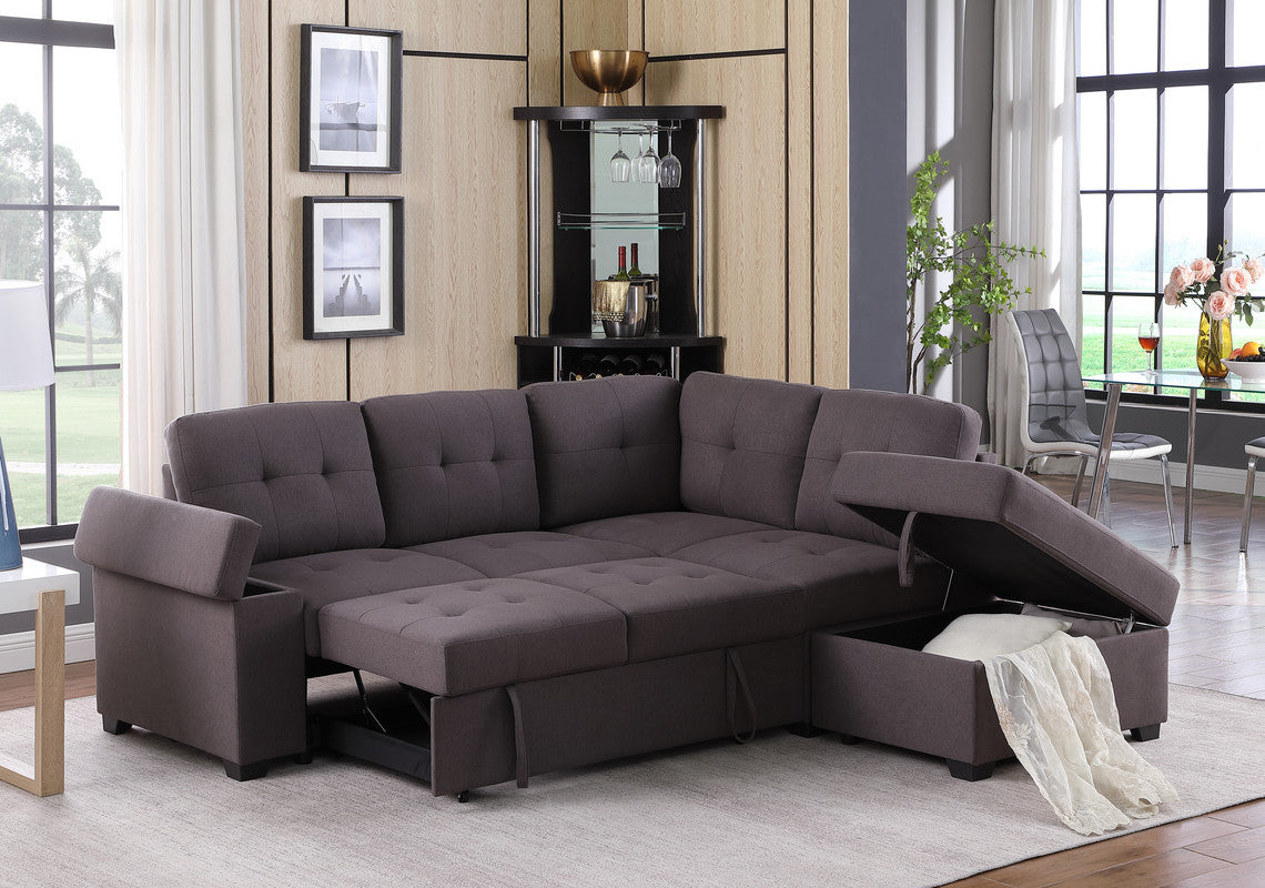 Katie 87.75" Brown Linen Sleeper Sectional Sofa with Storage Ottoman, Storage Arm