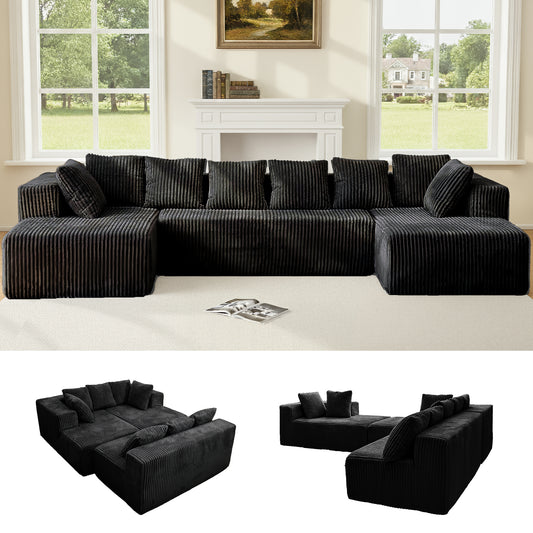 Modular U-Shaped Sectional Sofa,130-inch 4-Seater Chaise Lounge with Reversible Design, Striped Corduroy Fabric in BLACK – Customizable Living Room or Bedroom Couch, Freely Configurable Layout.