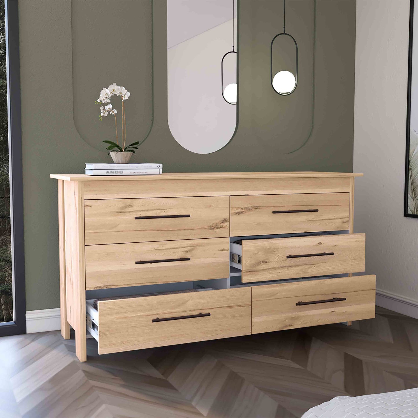 Double Dresser, 6 Drawer, Superior Top, Light Oak / White