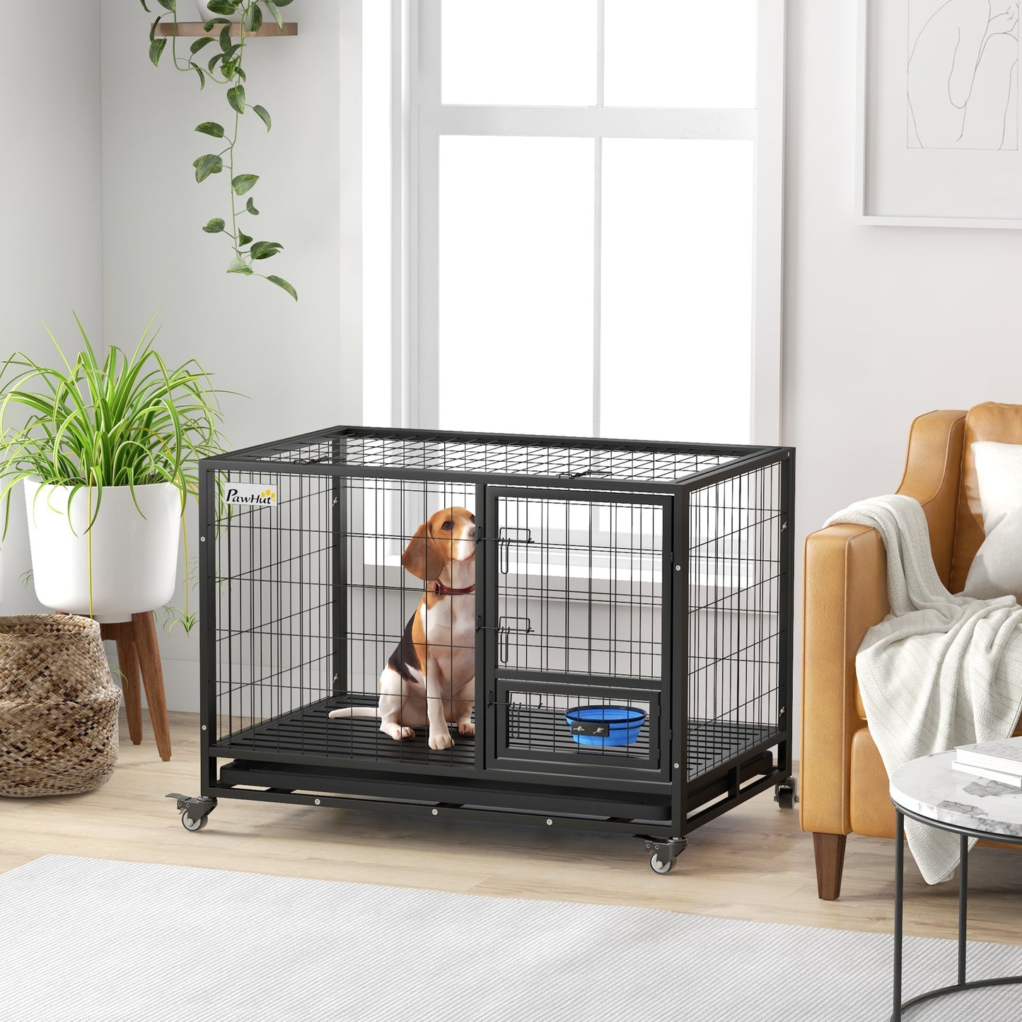 PawHut 43" Heavy Duty Dog Crate with Bowl Holder, Strong Steel Dog Crate with Wheels, Detachable Door, Openable Top and Removable Tray for Large and Extra Large Dogs, Black