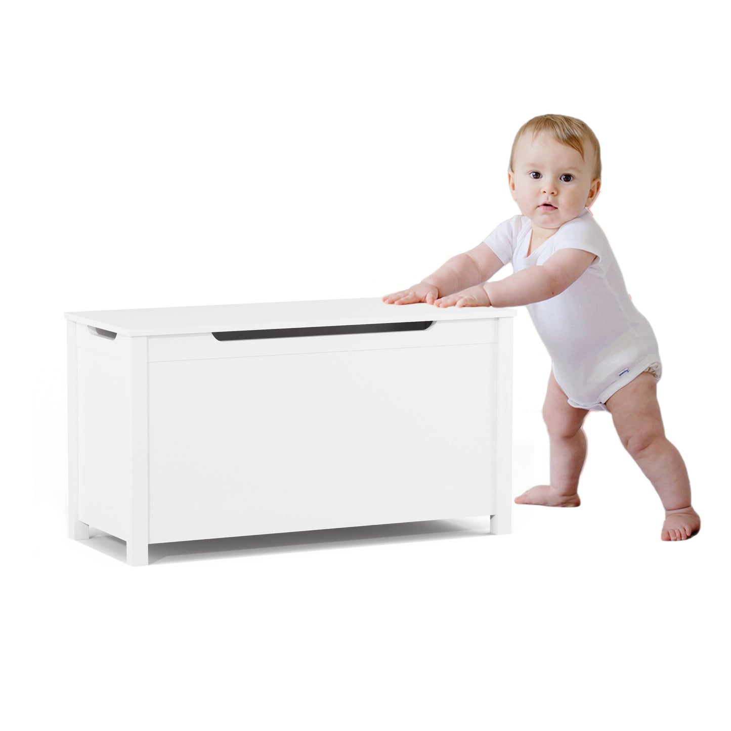 Kids Wooden Toy Box Storage with Safety Hinged Lid for Ages 2+ (White)