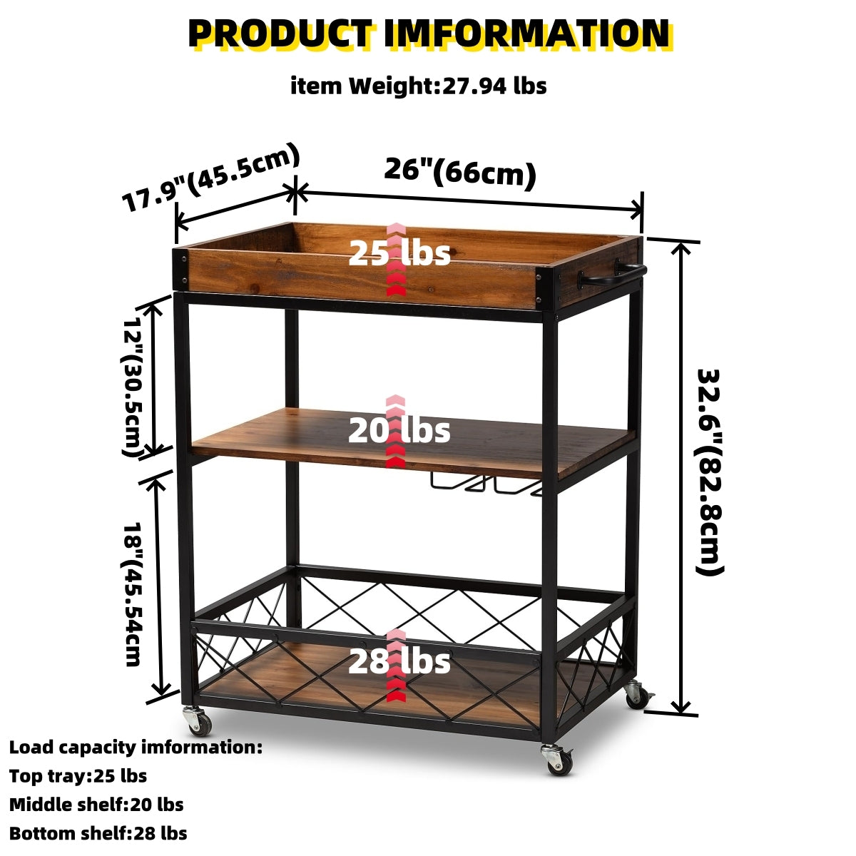 32.6'' Tall Industrial Style Rolling Kitchen Island Wine Cart with Black Finished, Fir Wood Mobile Metal Wine Bar Cart with Glass Rack, Oak Brown