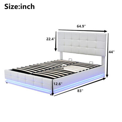 Tufted Upholstered Platform Bed with Hydraulic Storage System,Queen Size PU Storage Bed with LED Lights and USB charger, White