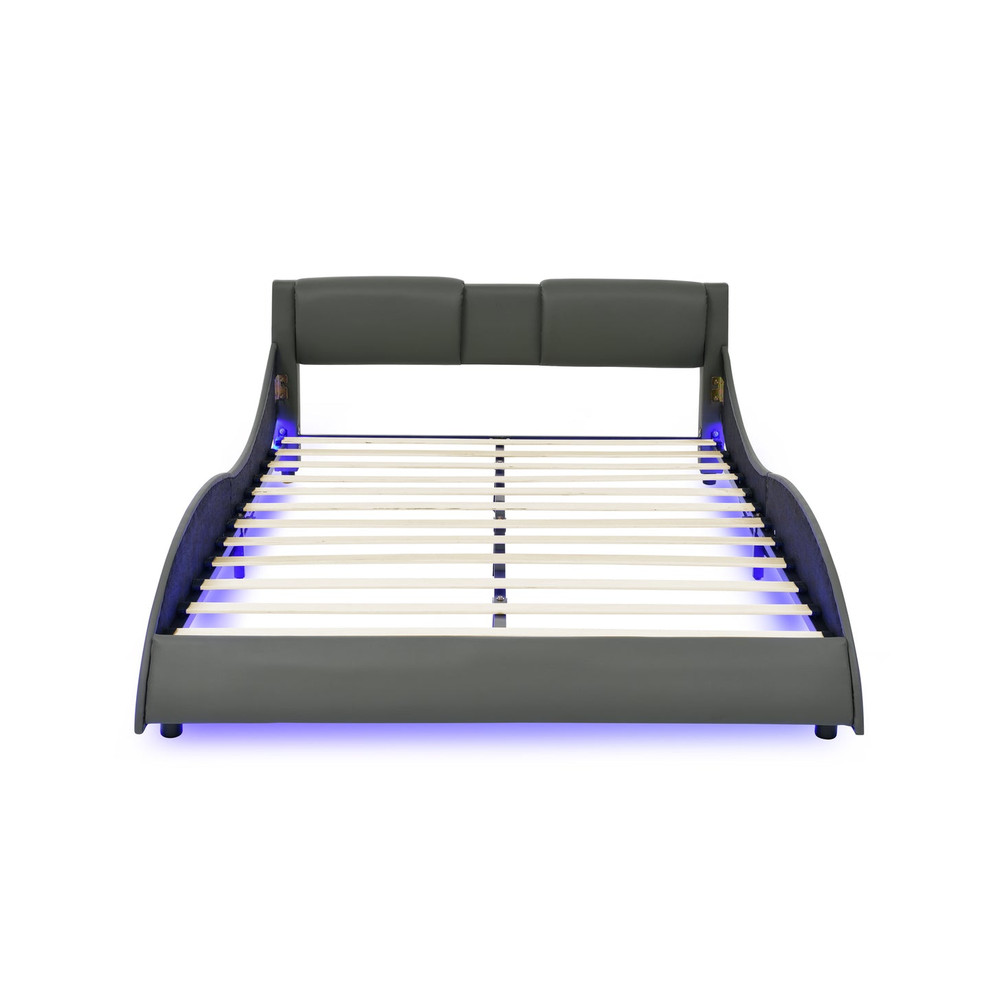 Queen Led Bed Frame Modern Faux Leather Upholstered Platform Bed Frame with RGB LED Lights and Headboard Wave Like Curve Low Profile Bed Frame,Wood Slats Support,Easy Assembly, Grey