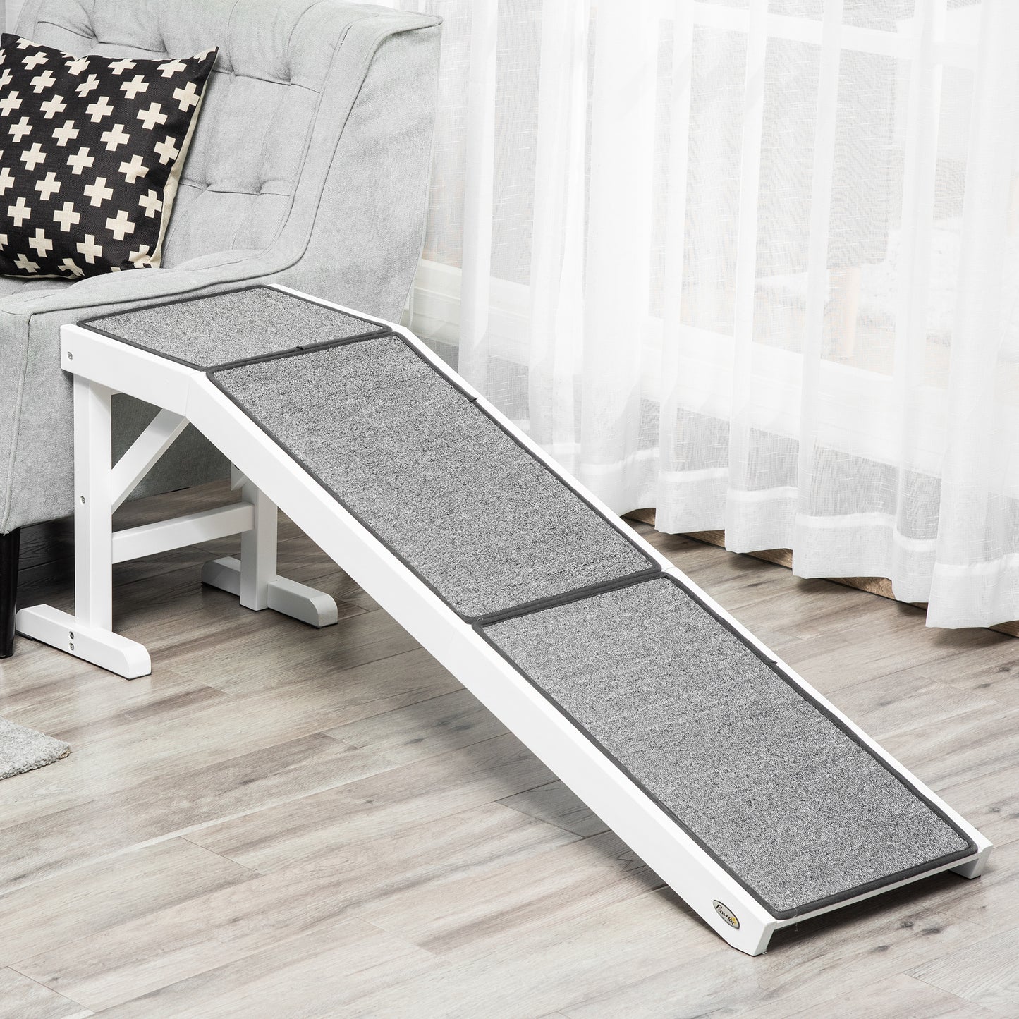 PawHut Dog Ramp for Bed, Pet Ramp for Dogs with Non-Slip Carpet and Top Platform, 60" x 16" x 20", White