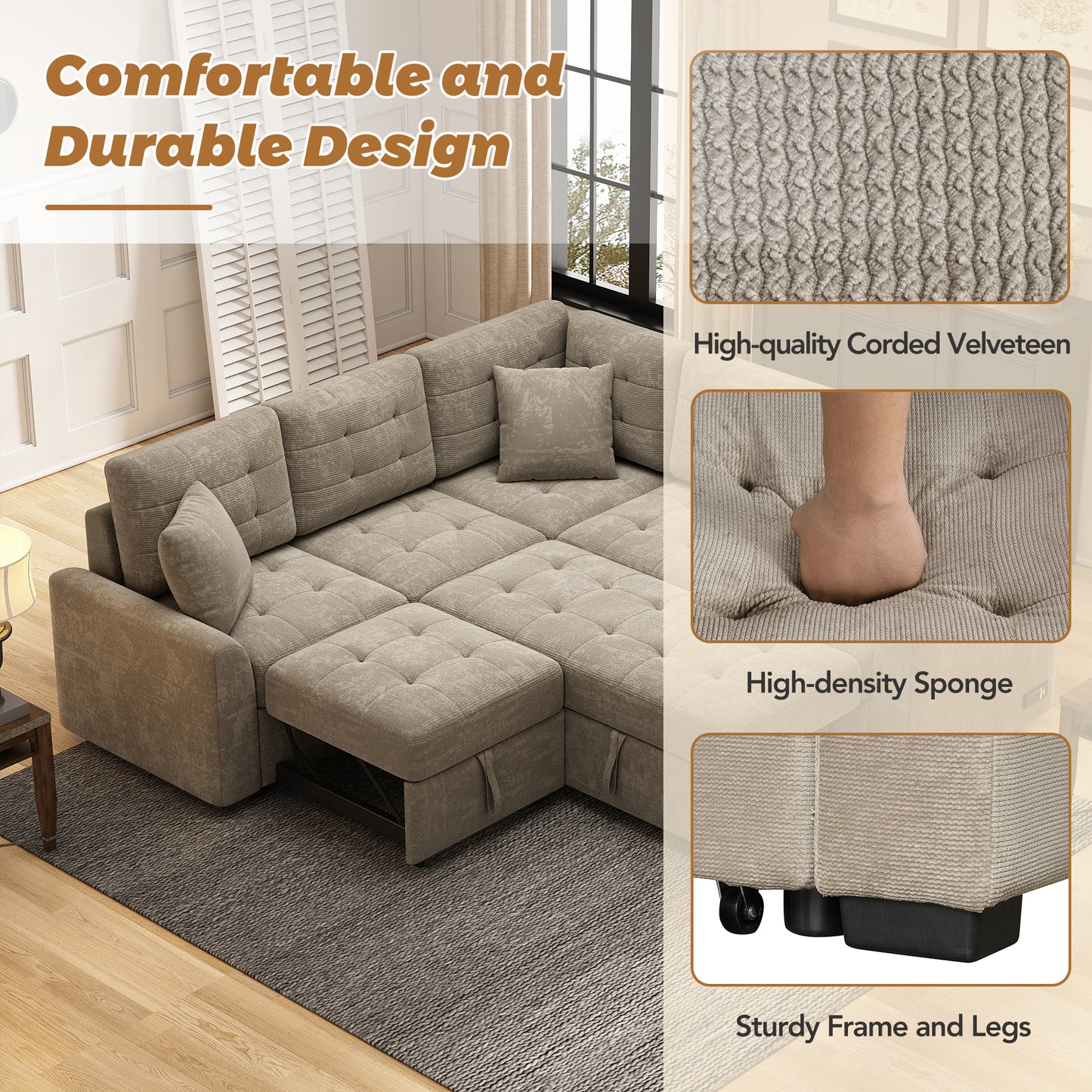 82.6" L-shape Sofa Bed Pull-out Sleeper Sofa with Wheels, USB Ports, Power Sockets for Living Room (SG001230AA), Khaki