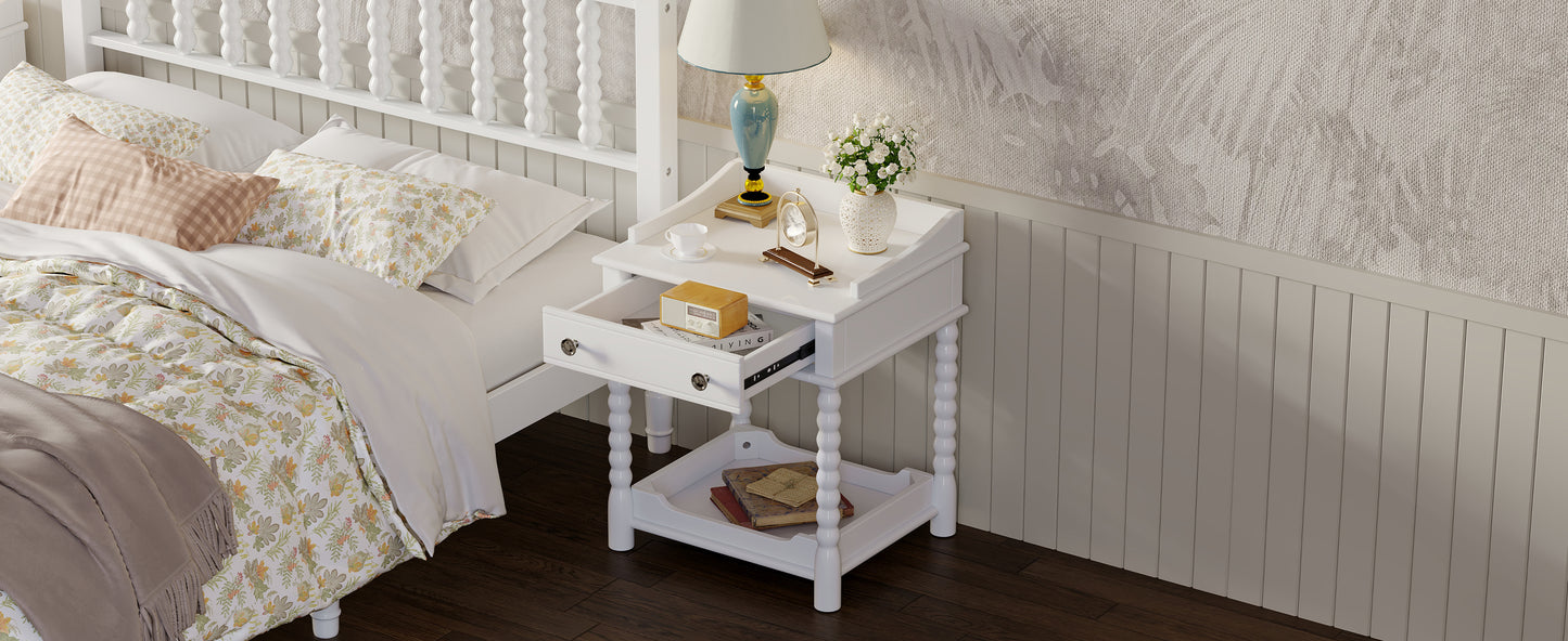 Retro Style Nightstand with Drawer and Open Shelf for Bedroom, Bedside Table with Turned Legs and Metal Handle,White