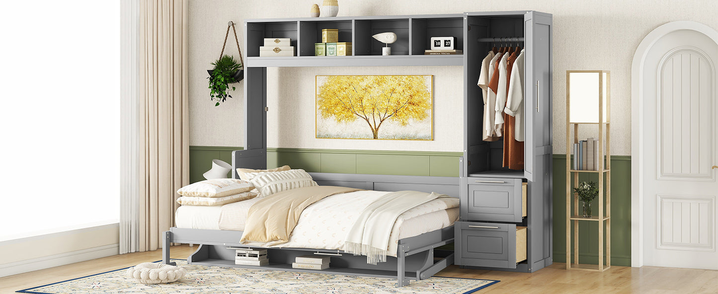 Queen Size Murphy Bed Wall Bed with Closet and Drawers,Gray