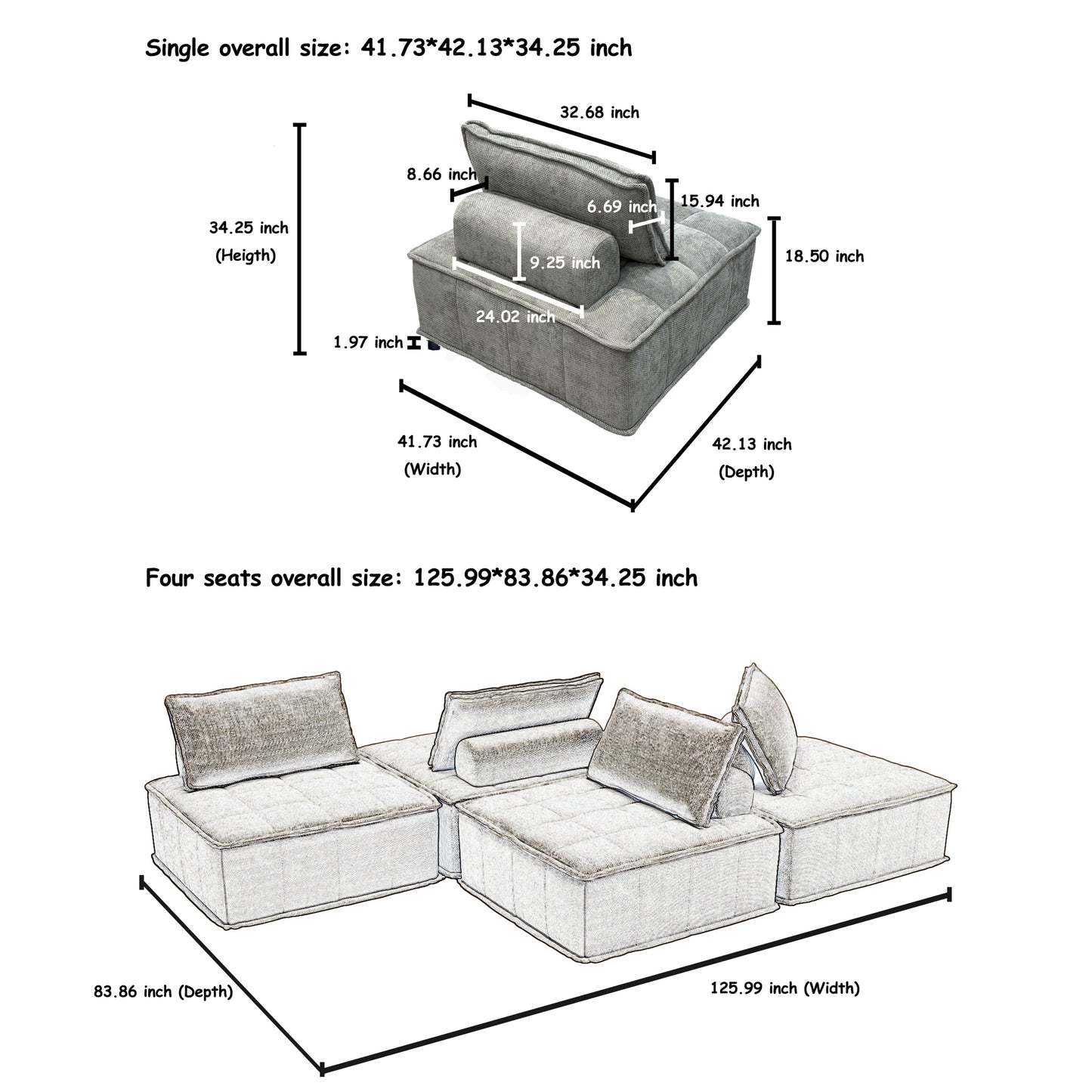 Modular 4-Piece Sofa with Adjustable and Removable Backrests for Ultimate Comfort Oversized sofa chenille light grey sofa