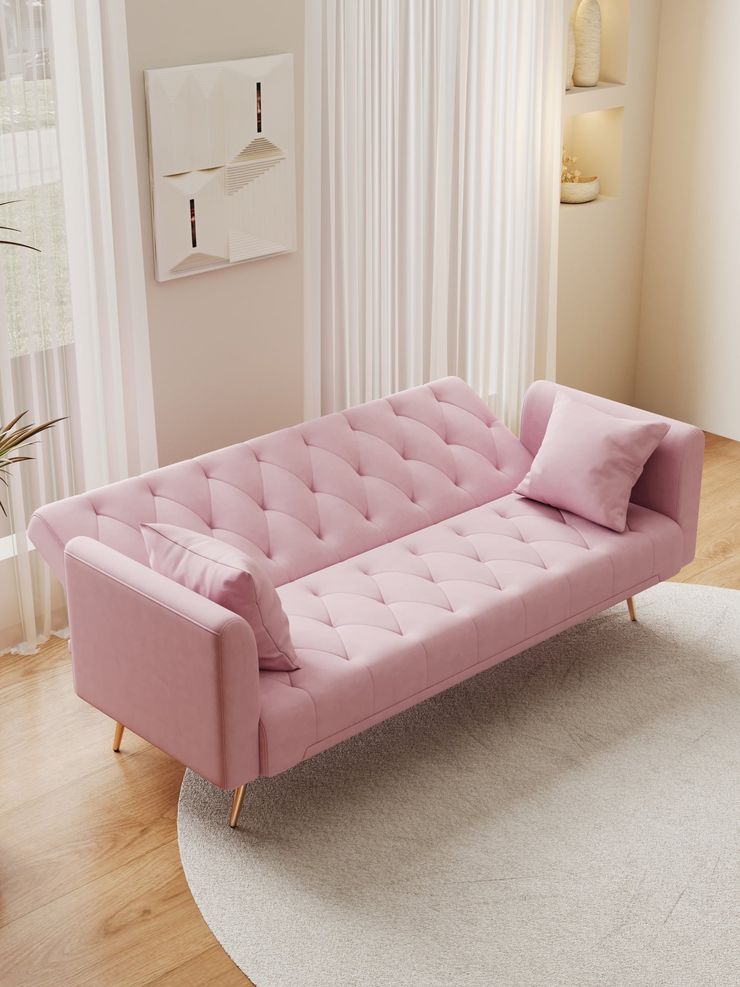 71 inch convertible love seat sofa, American retro pink velvet, suitable for small living room, bedroom, office