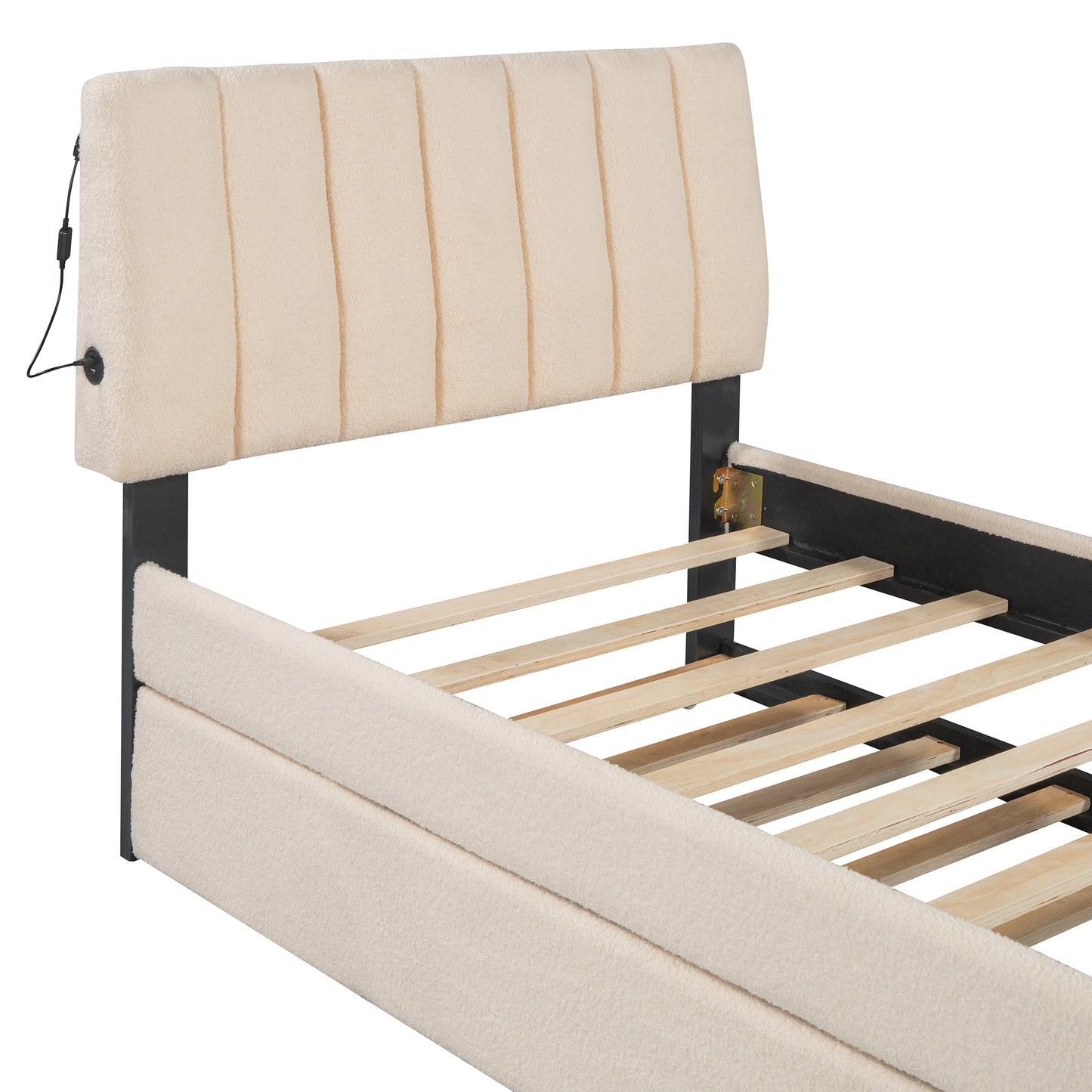 Teddy Fleece Twin Size Upholstered Platform Bed with Trundle, Beige