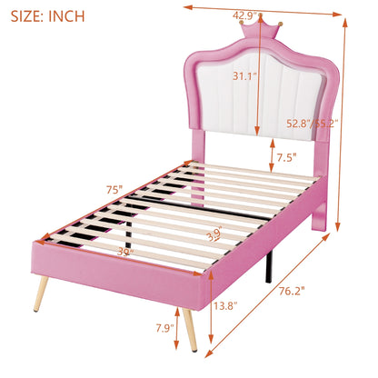 Twin Size Upholstered Bed Frame with LED Lights, Modern Upholstered Princess Bed With Crown Headboard,White+Pink