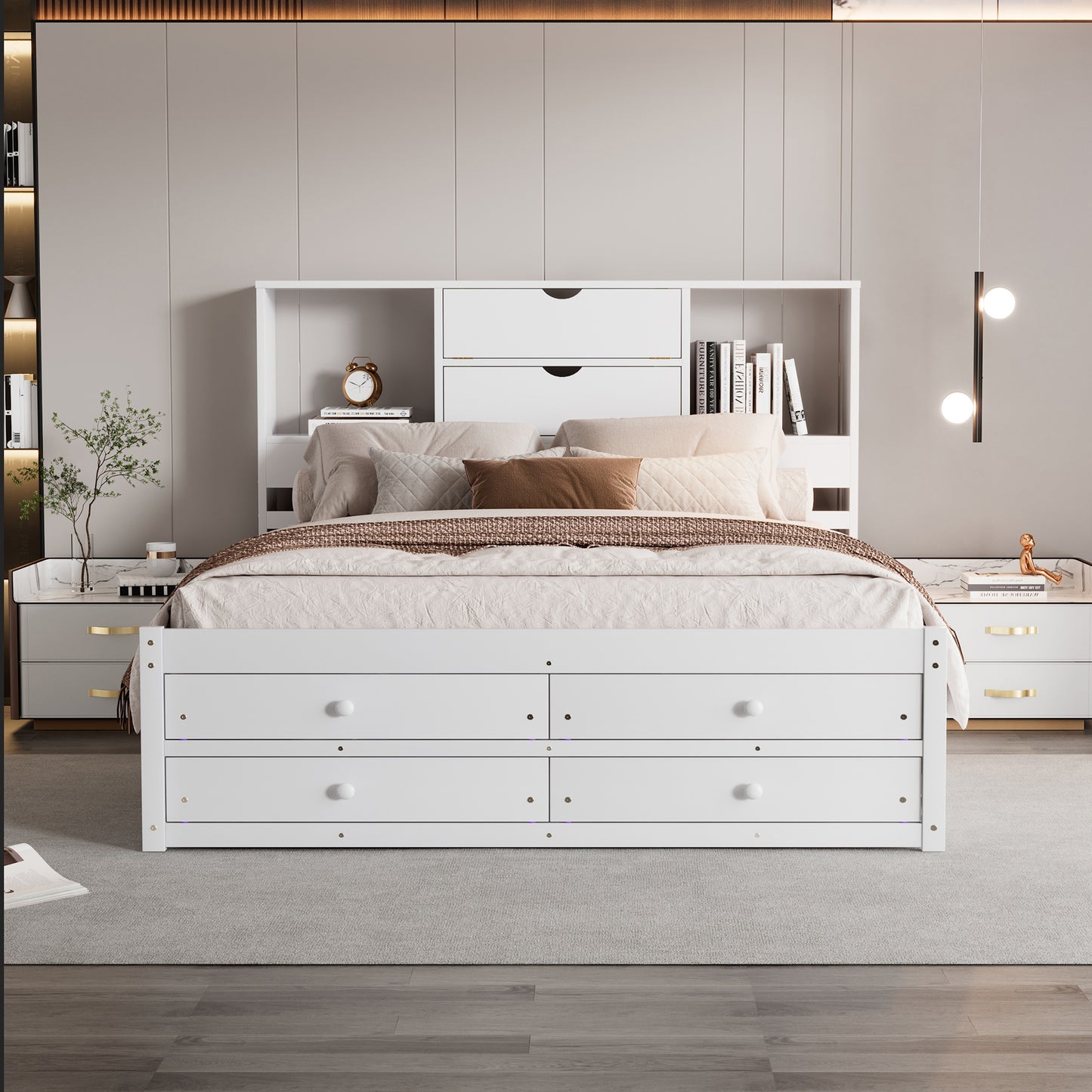 Queen Size Platform Bed with Storage Headboard and 8 Drawers, White