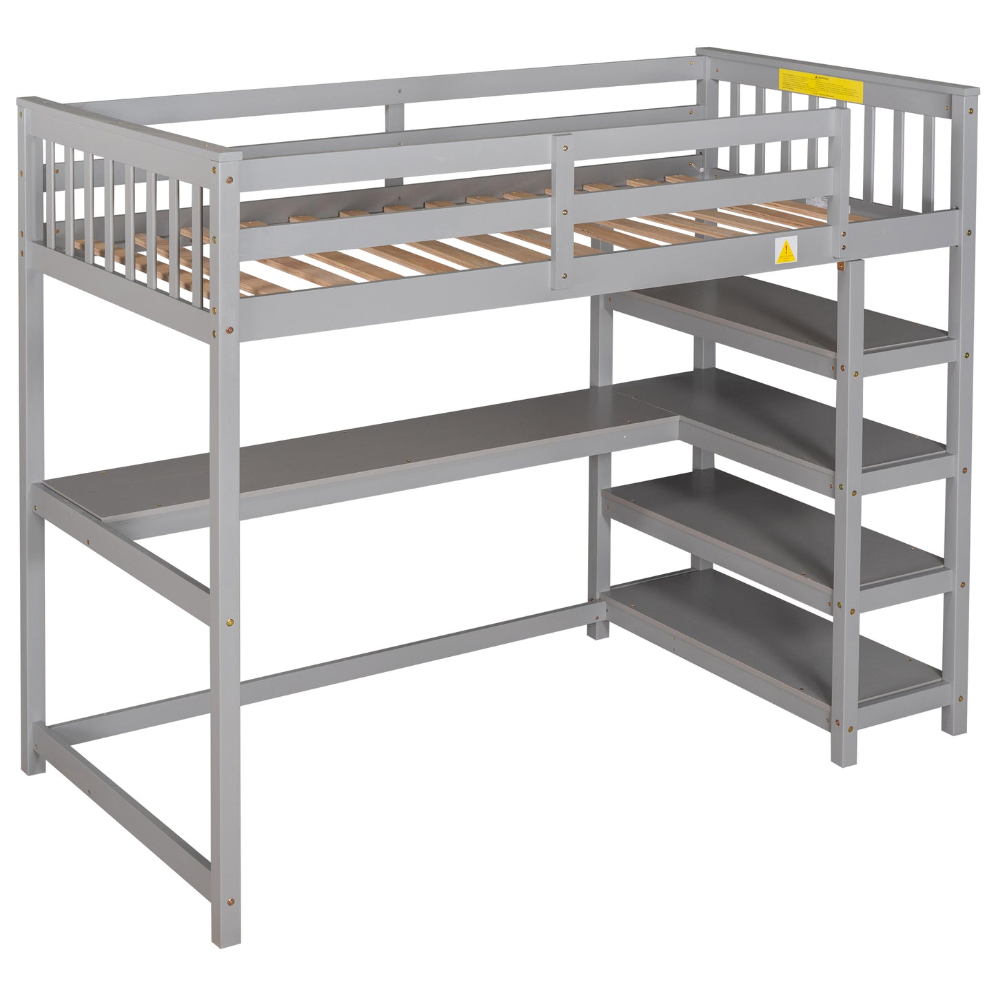 Gray Twin Size Loft Bed with Storage Shelves and Under-bed Desk, Solid Pine Wood and MDF, 79.7''L x 42''W x 68.3''H
