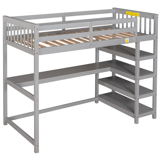 Gray Twin Size Loft Bed with Storage Shelves and Under-bed Desk, Solid Pine Wood and MDF, 79.7''L x 42''W x 68.3''H