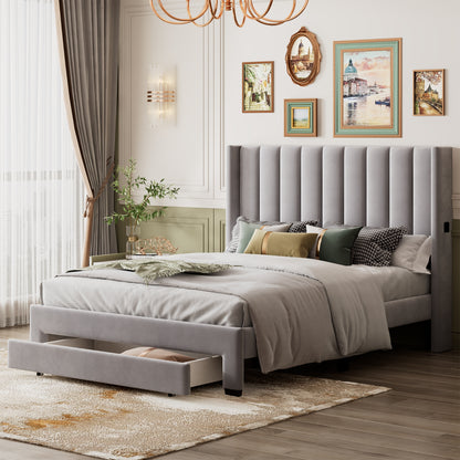 Queen Size Storage Bed Velvet Upholstered Platform Bed with a Big Drawer - Gray