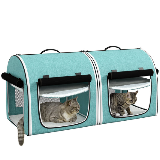 PawHut 39" Portable Soft-Sided Cat Carrier, Travel Pet Carrier with Divider, Two Compartments, Soft Cushions, & Storage Bag, Green