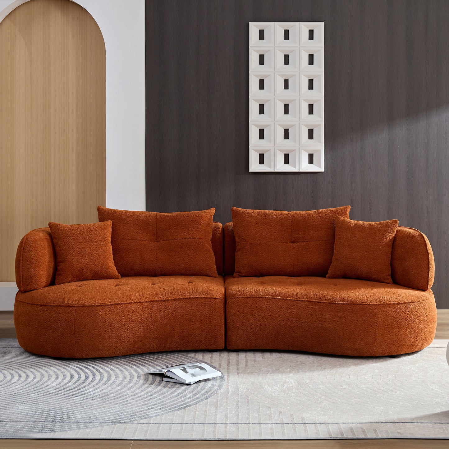 WKS7C Orange sectional sofa with removable pillows, durable fabric, solid wood frame, high density sponge filler