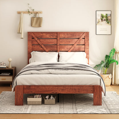 Queen Bed Frame Headboard , Wood Platform Bed Frame , Noise Free,No Box Spring Needed and Easy Assembly Tool,Large Under Bed Storage, Vintage Brown