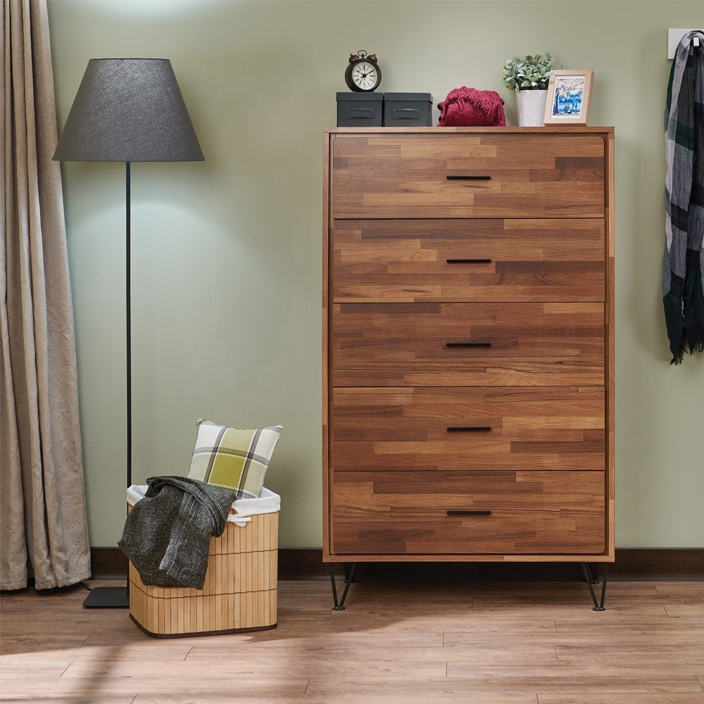 Walnut 5-Drawer Chest with Metal Legs