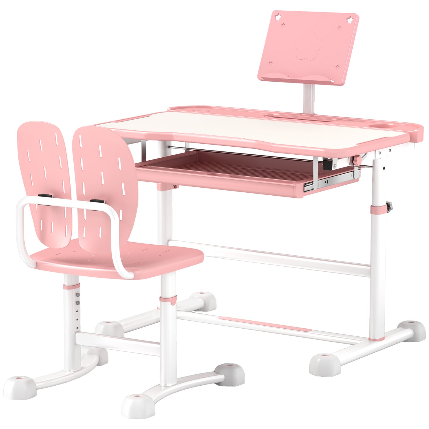 Qaba Kids Desk and Chair Set, Height Adjustable Kids School Study Desk and Chair Set with Tilt Desktop, Storage Drawer & Book Stand for Writing, Reading and Drawing, Pink