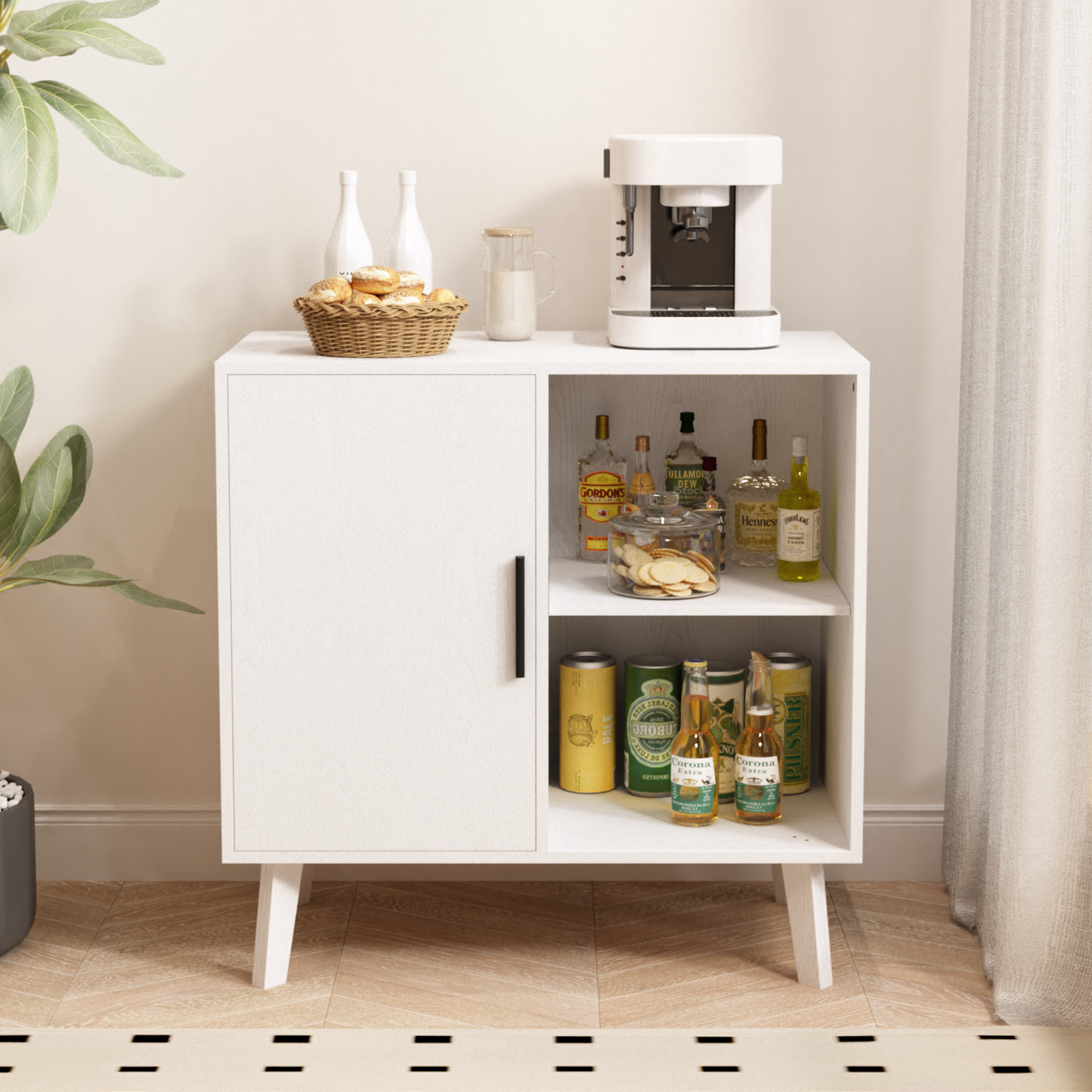 Sideboard Buffet Kitchen Storage Cabinet, Accent Cabinet with Solid Wood Feet for Decorated Doors, Dining Room, Hallway, Cupboard Console Table, Liquor / Accent Cabinet (White)