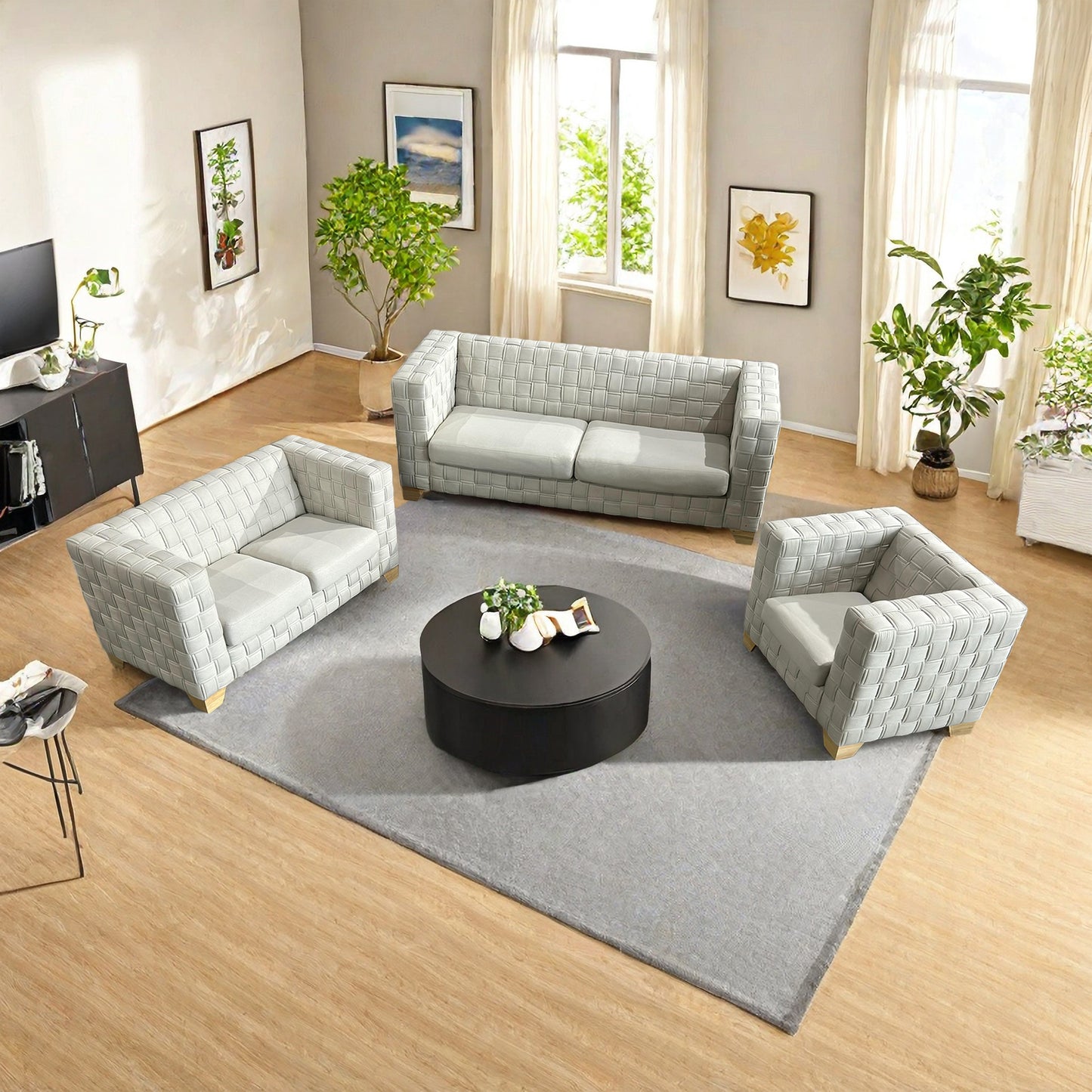 FX-D1 SOFA SET Include Chair Loveseat And Sofa Light Beige ColorLinen & Oak Natural Wood color sofa legs