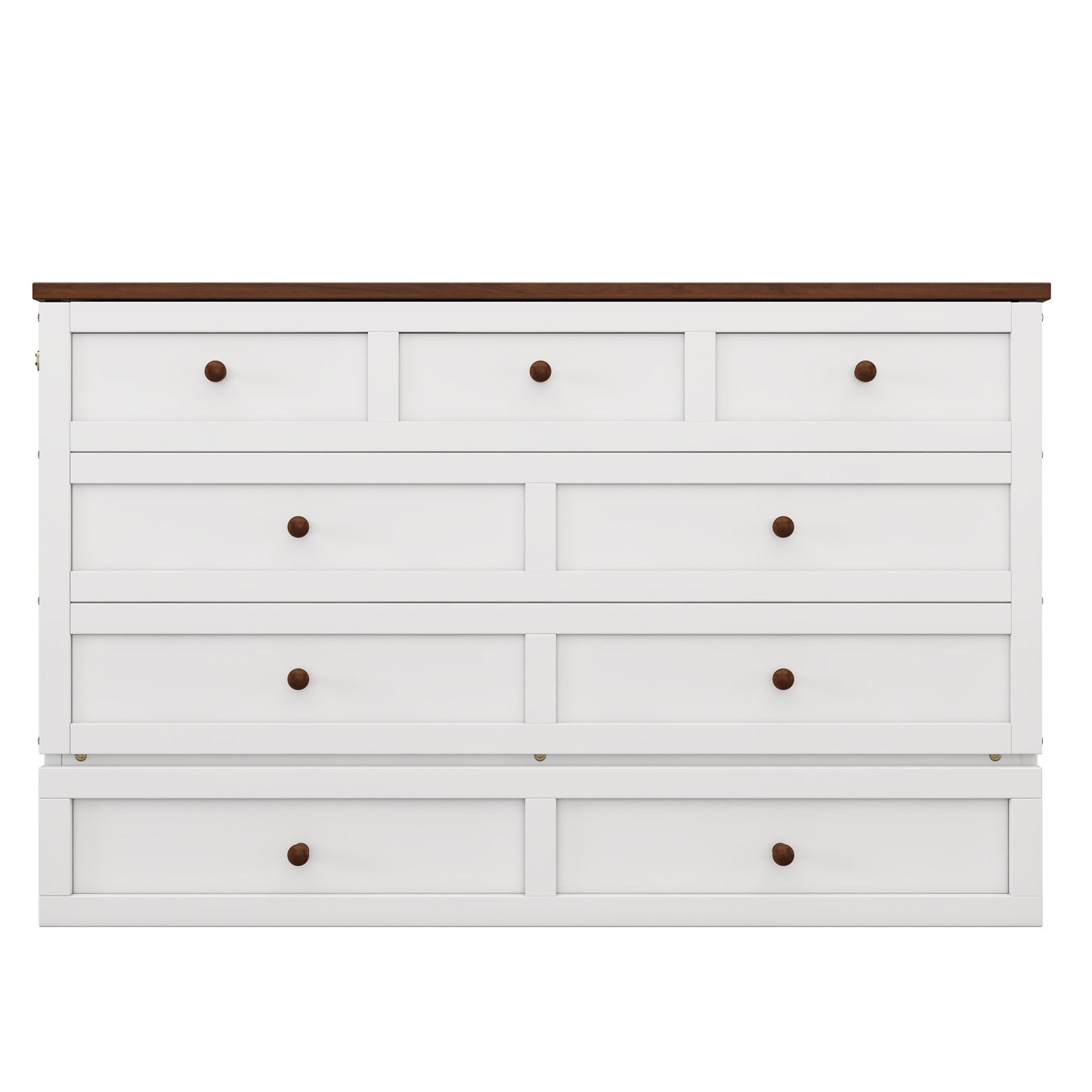 Solid Pine Murphy Bed Chest with Charging Station and Large Storage Drawer for Home Office or Small Room , Full, White+Walnut