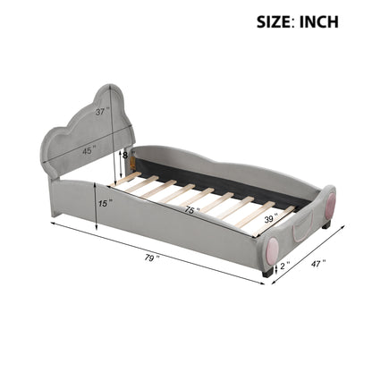 Twin Size Velvet Platform Bed with Bear-Shaped Headboard, with Bed-End Storage Pocket, Gray