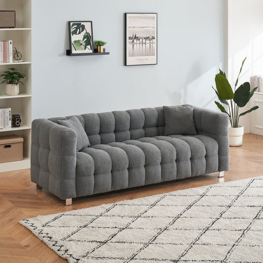 Grey teddy fleece sofa 80 inch discharge in living room bedroom with two throw pillows hardware foot support