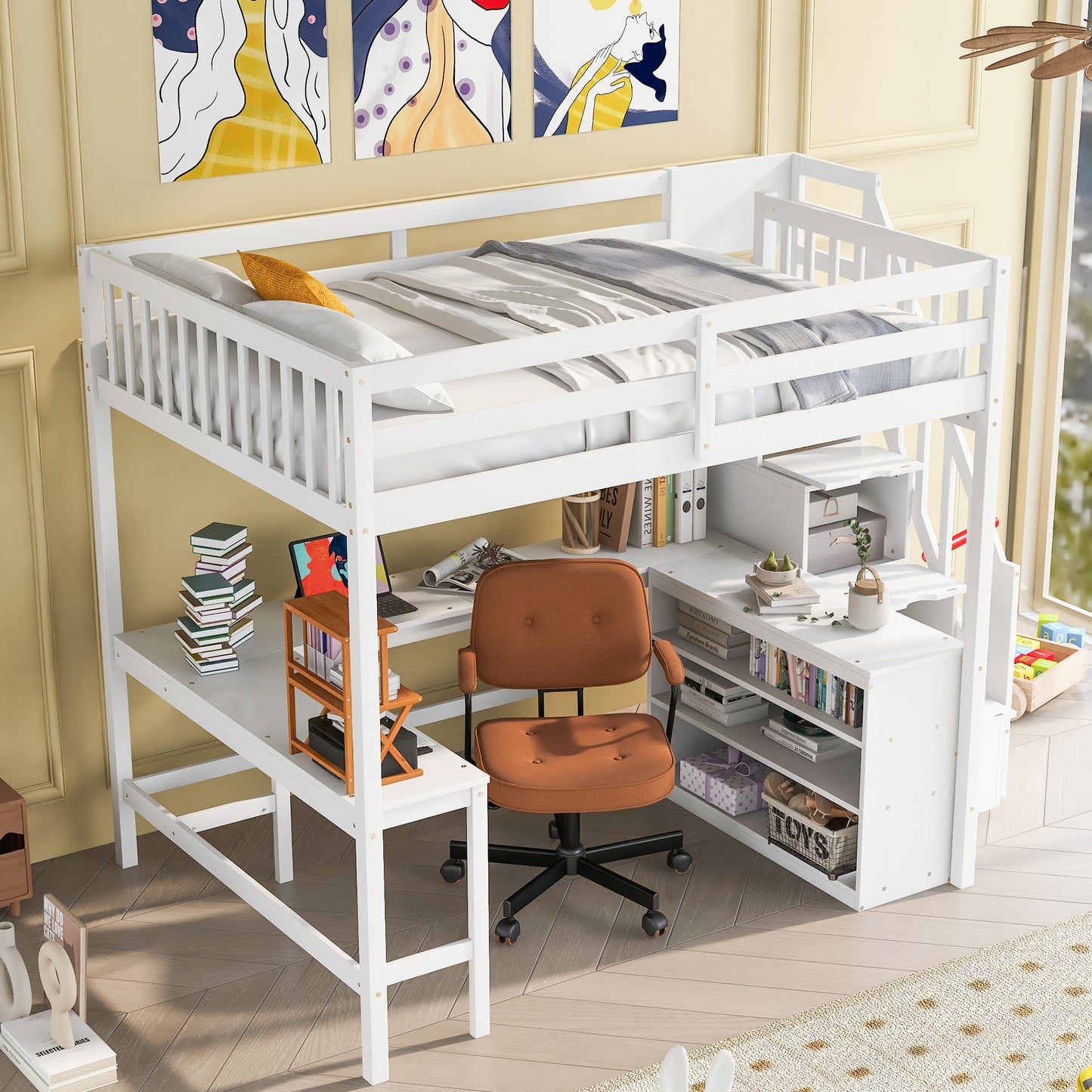 Full Size Loft Bed with Built-in L-Shaped Desk and Three-Tier Storage Shelves,and Attached Storage Staircase, White(Old SKU:  GX001809AAK)