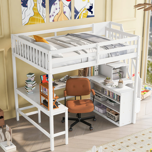 Full Size Loft Bed with Built-in L-Shaped Desk and Three-Tier Storage Shelves,and Attached Storage Staircase, White(Old SKU:  GX001809AAK)