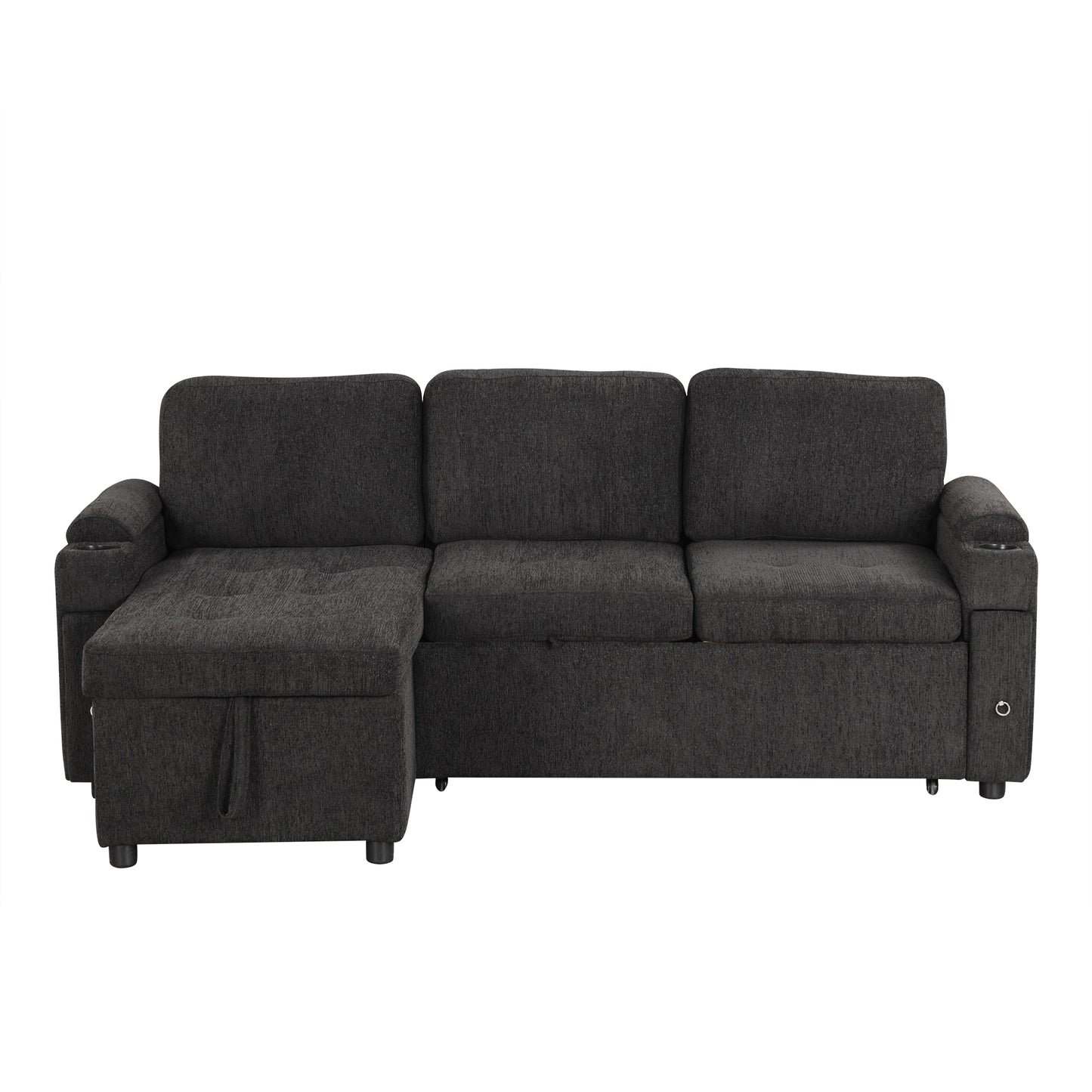 Black Convertible L-shaped Sofa Couch with Storage, Cup Holders, USB Ports, Chenille Fabric, 83.5'