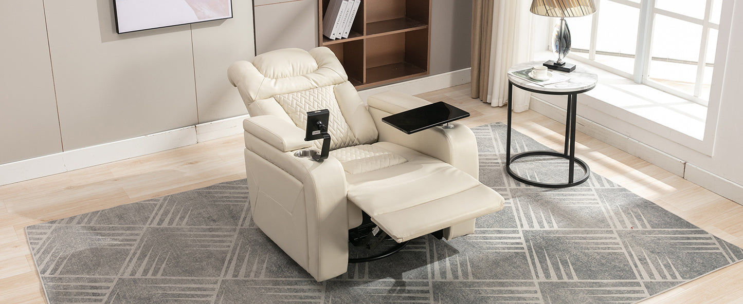 270 Degree Swivel PU Leather Power Recliner Individual Seat Home Theater Recliner with  Comforable Backrest, Tray Table,  Phone Holder, Cup Holder,  USB Port, Hidden Arm Storage for Living Room, White