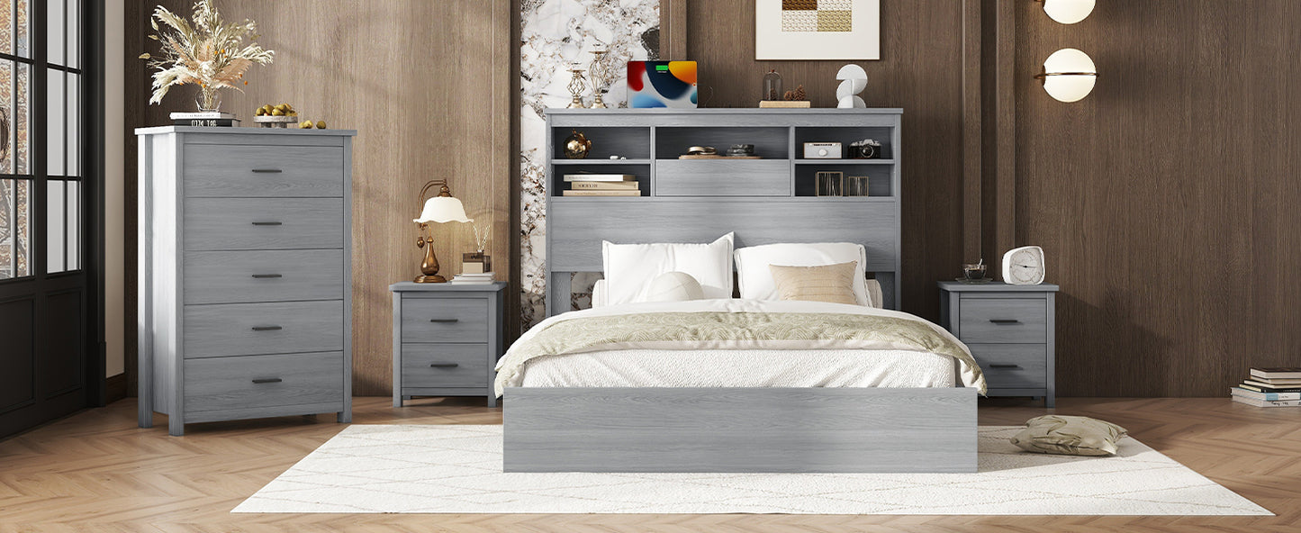 4-Pieces Bedroom Sets Queen Size Vintage Wooden Bed Frame with 2 Nightstands and 1 Dresser,Light Gray