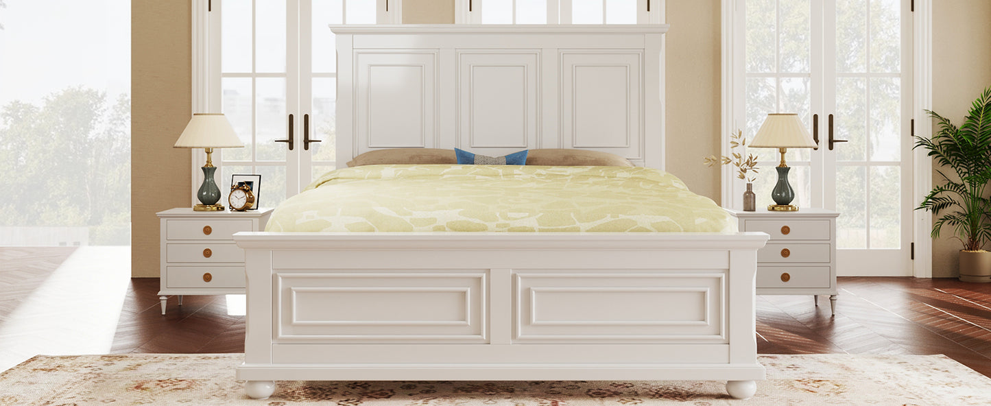 Traditional Town and Country Style Pinewood Vintage King Bed, White