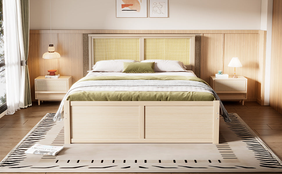 Queen Size Wood Storage Platform Bed with 4 Drawers, Rattan Headboard, Nature