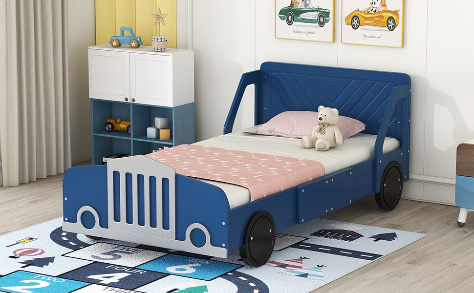 Twin Size Car-Shaped Platform Bed with Wheels,Blue