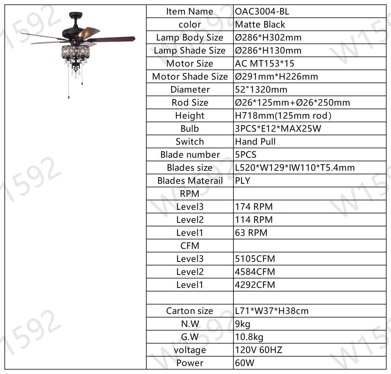 52'' Crystal Shade Ceiling Fan Lamp With Remote Control,3 Speed ,4 Timing , 5 Reversible Blades Crystal Ceiling Fan ,3PCS*E12  (NO Include Bulb) --  Hand Pull Chain