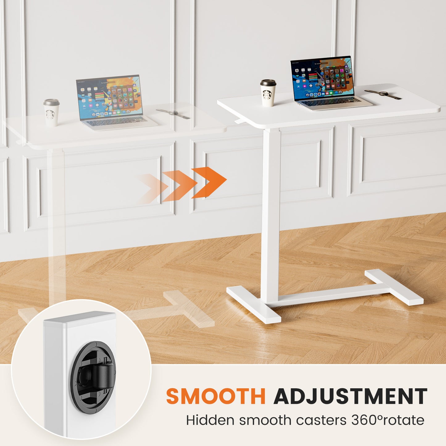 Adjustable mobile bed desk, computer desk, mobile standing desk, lifting desk, desk, white