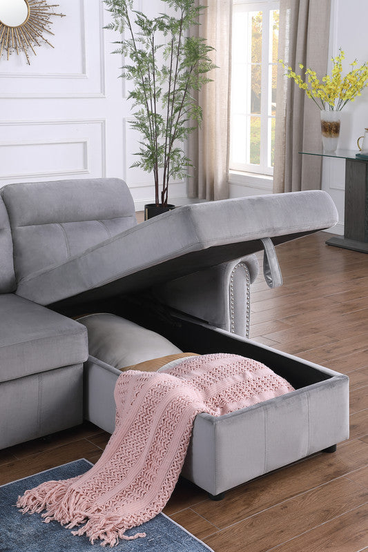 Ashton 96.5" Gray Velvet Fabric Reversible Sleeper Sectional Sofa Chaise