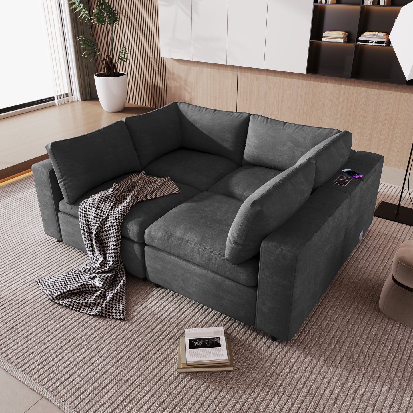 U-style Upholstered Modular Sofa with  with Storage Space, USB Charge Ports,Wireless Charging and Built-in Bluetooth Speaker in Arm,Sectional sofa for Living Room Apartment.[old sku:WY000317AAE]