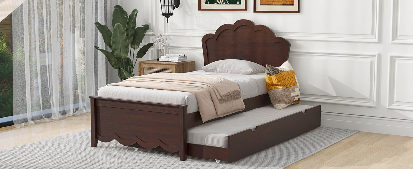 Twin Size Wood Platform Bed with Headboard and Twin Size Trundle, Cappuccino