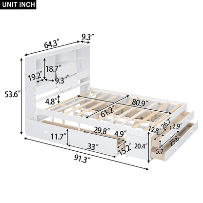 Queen Size Platform Bed with Storage Headboard and 8 Drawers, White