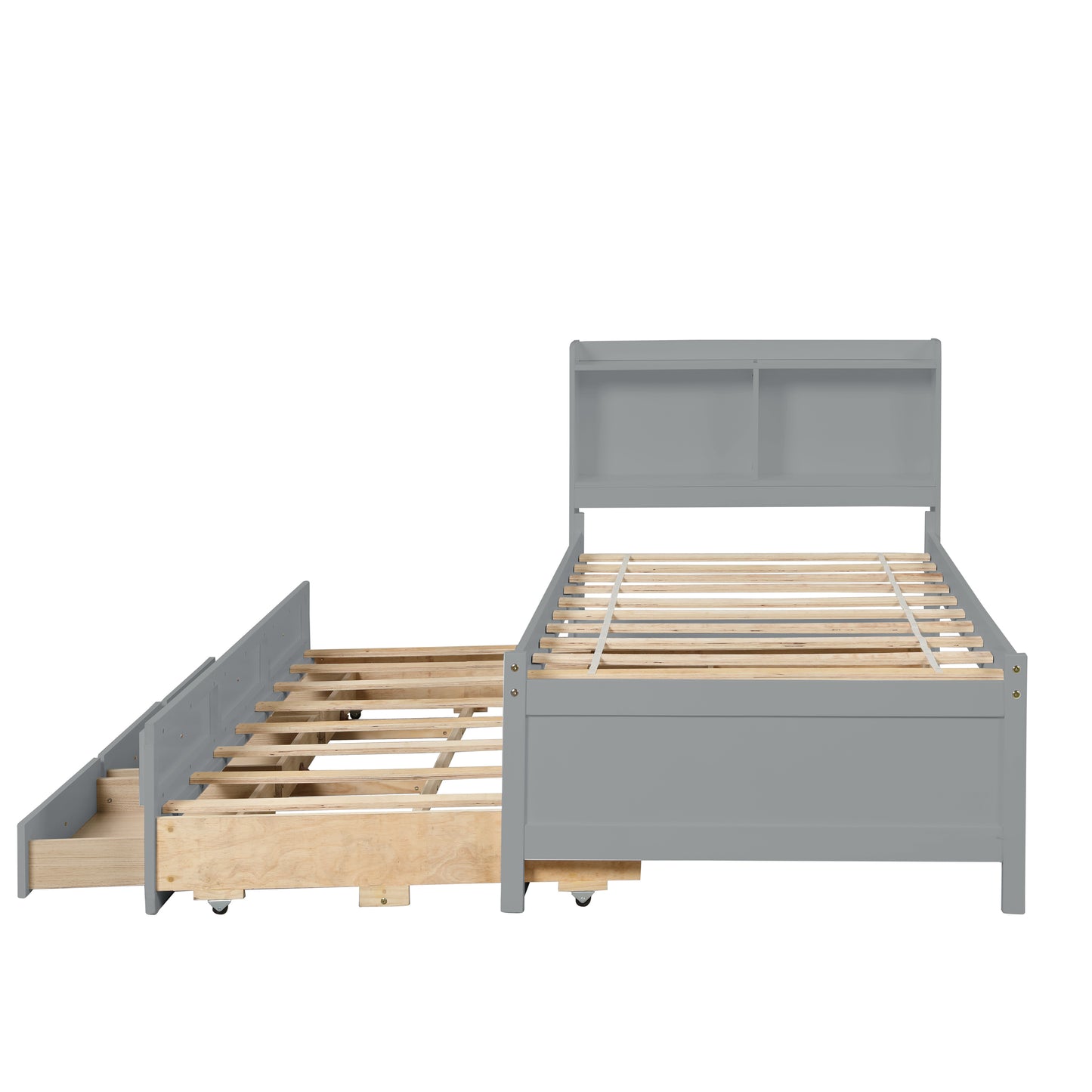 Twin Bed with Twin Trundle,Drawers,Grey