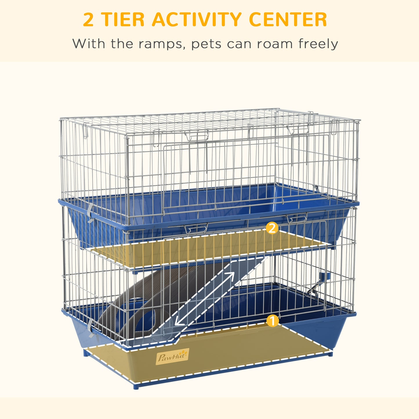 PawHut 2-Tier Guinea Pig Cage, Ferret Cage, Chinchilla Cage, Small Animal Cage Indoor with Dish and Bottle, 2 Doors, Deep Bottoms, Ramp, 28", Blue