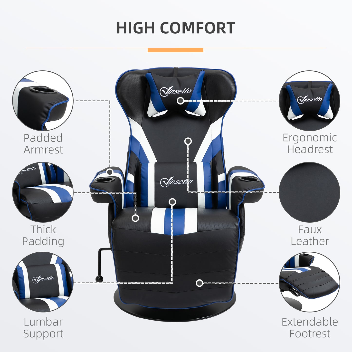 Vinsetto Gaming Chair, Racing Style Computer Recliner with Lumbar Support, Footrest and Cup Holder, Black/White/Blue